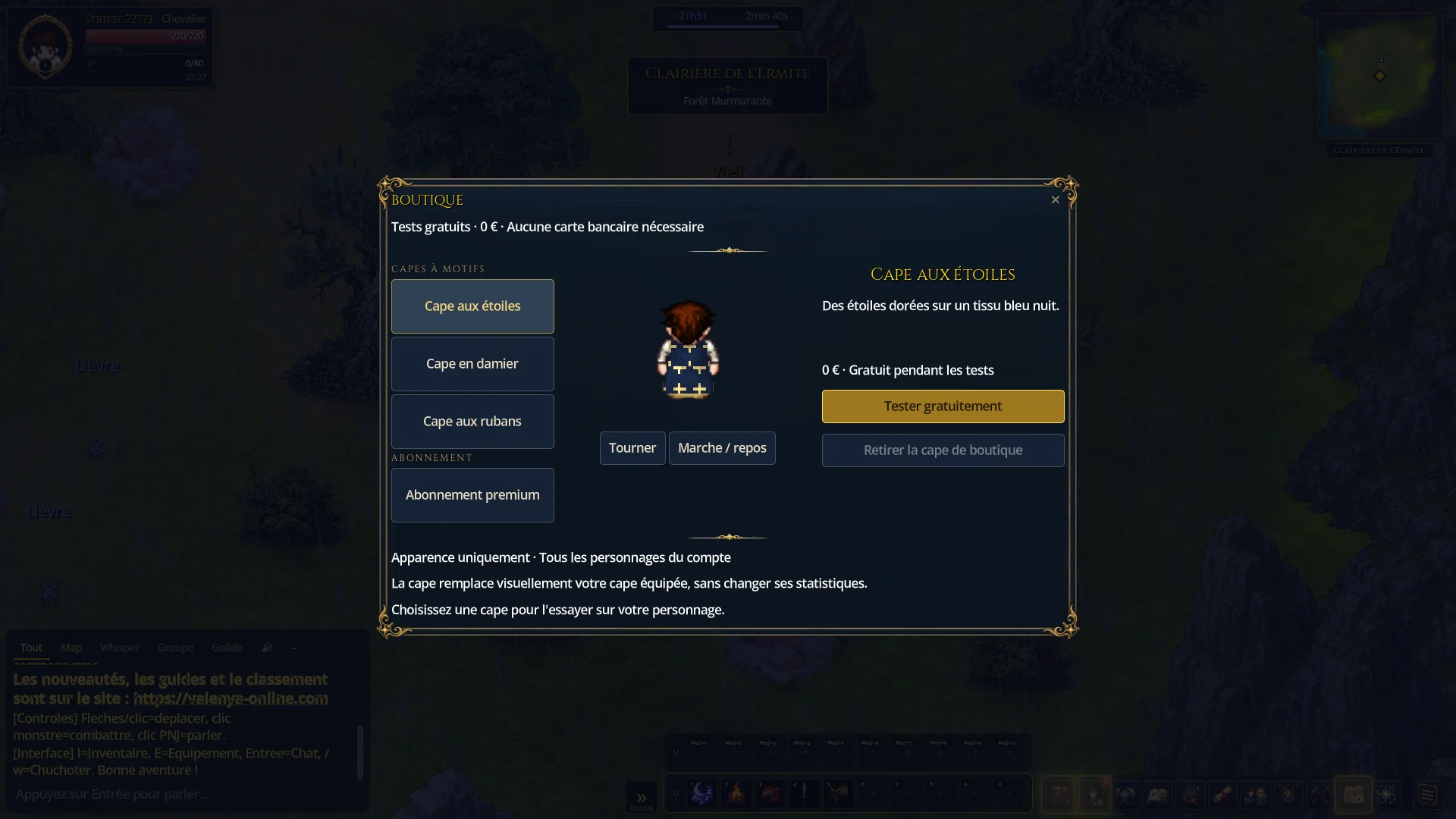La boutique de test en jeu, avec les tarifs à zéro euro