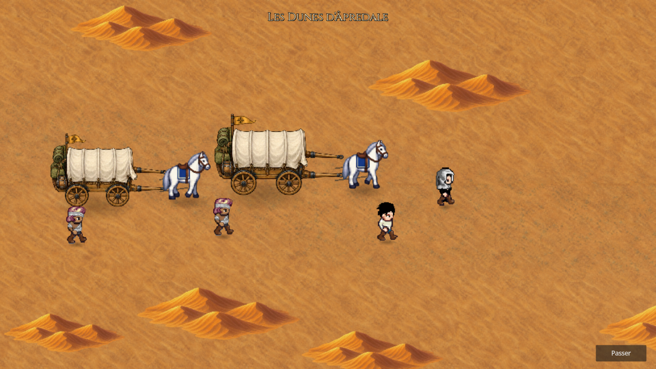 Une caravane pendant la cinématique de voyage dans les dunes