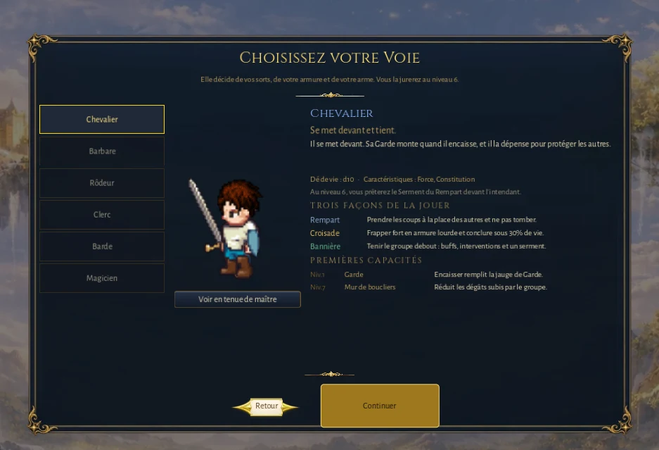 L'écran de choix de la Voie