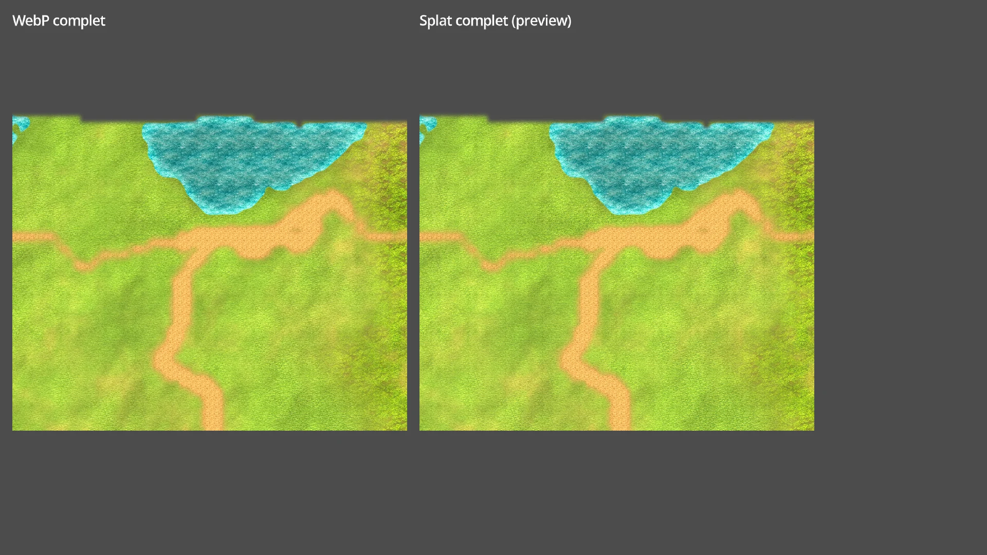 Comparaison du fond WebP et du rendu splat complet sur une map de prairie