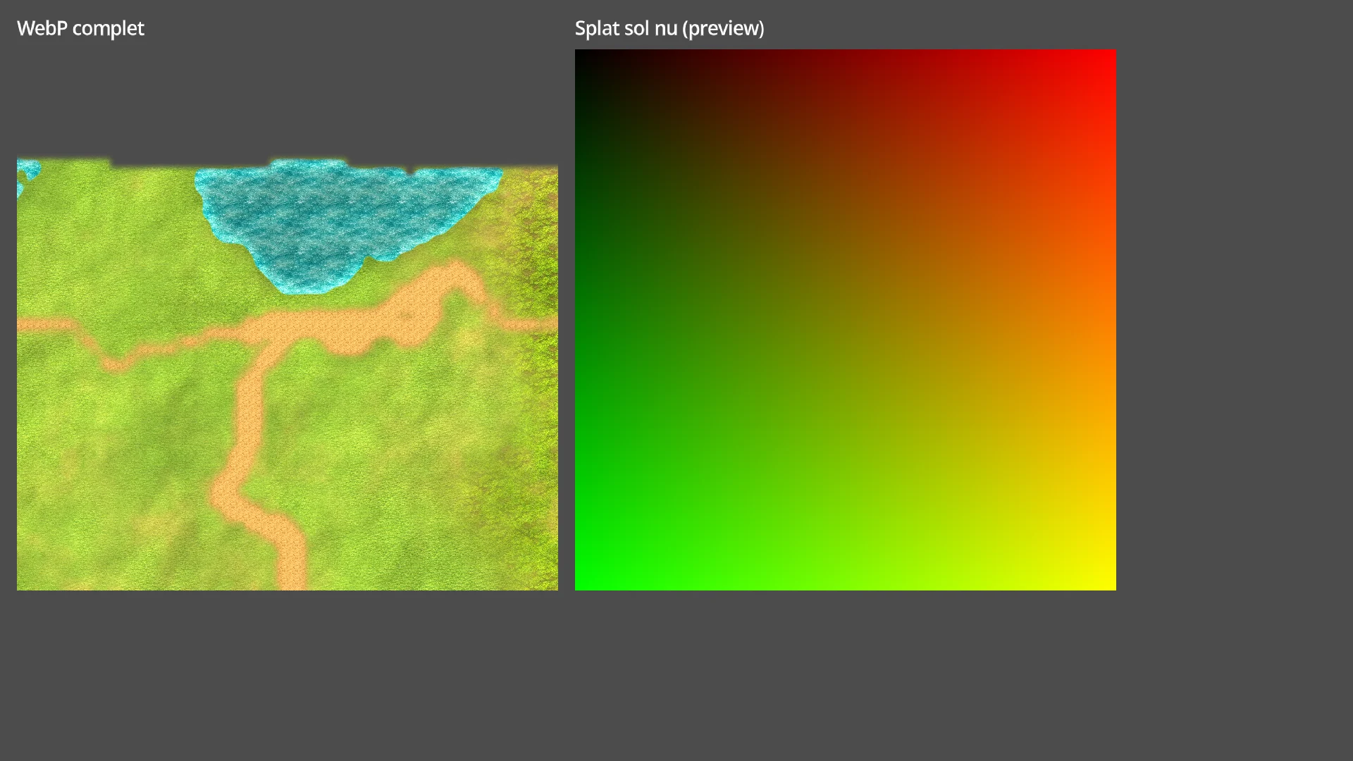 Premier prototype du shader : fond WebP à gauche et visualisation des coordonnées UV à droite