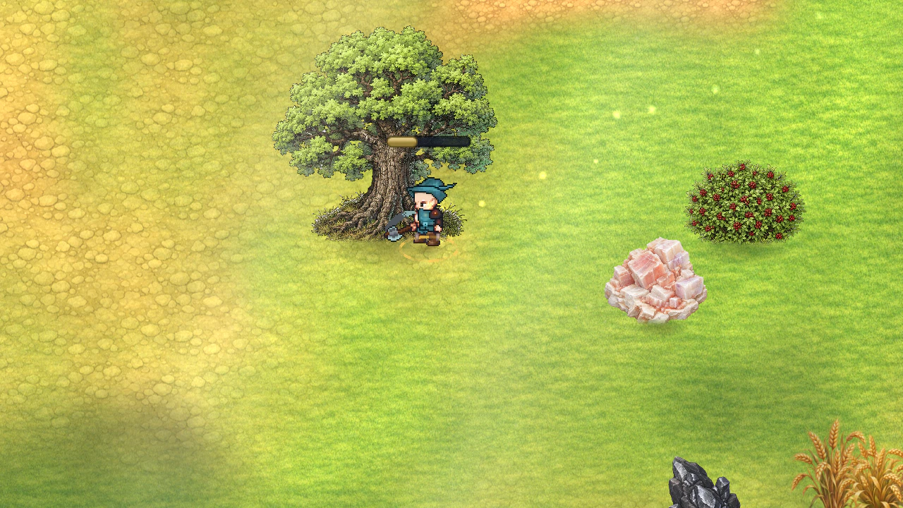 Un personnage abat un arbre avec sa hache dans Valenya Online